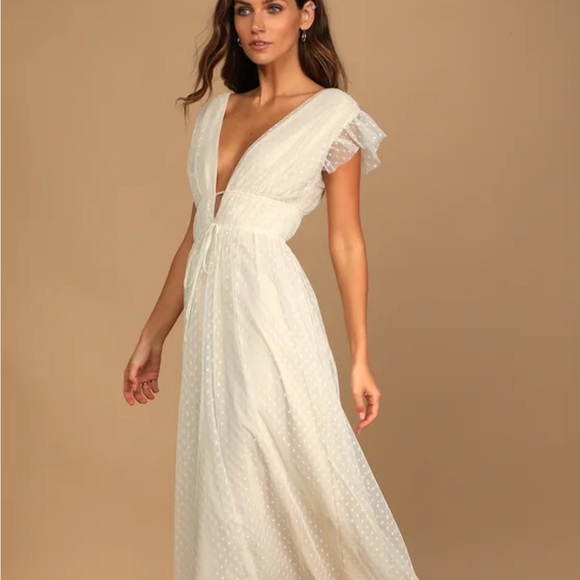 NWT Lulus Yours Evermore Cream Swiss Dot Ruffled Midi Dress - Picture 2 of 11